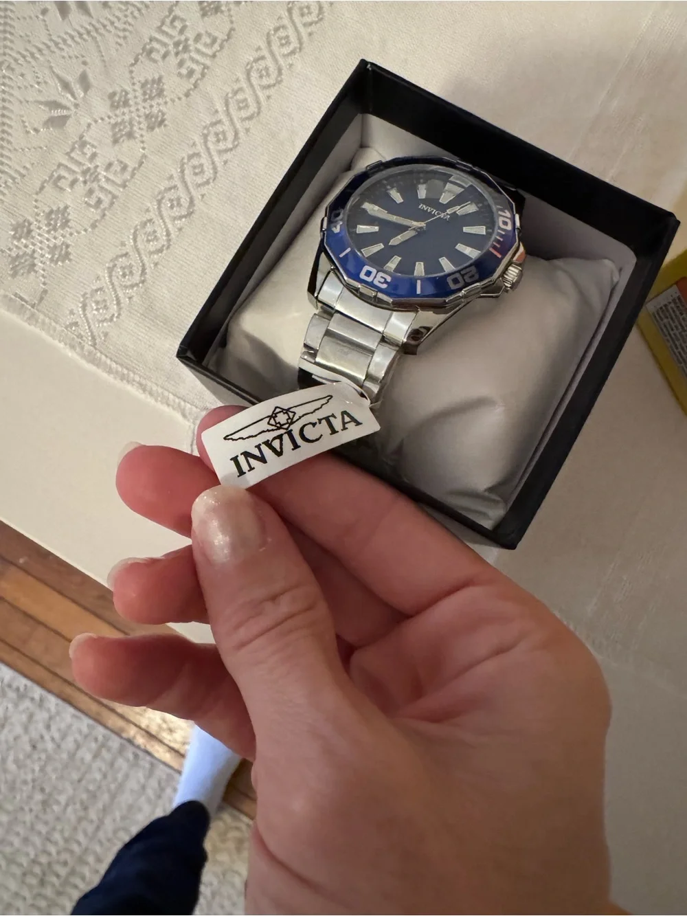 Invicta Men's Silver Stainless Steel Watch with Blue Dial and Bezel